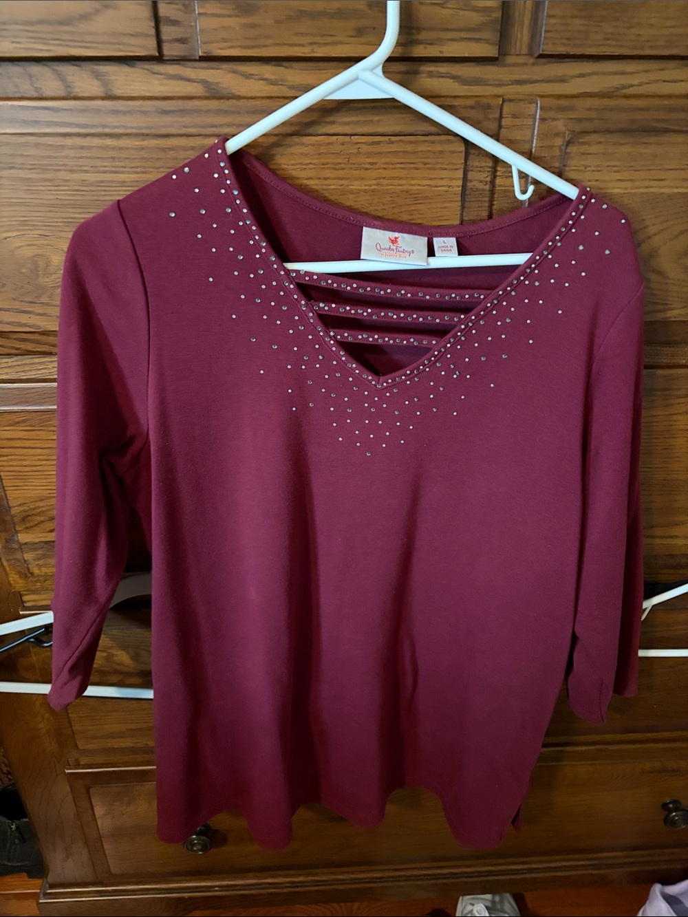 Quacker Factory Wine V-Neck Long Sleeve Top with Rhinestones